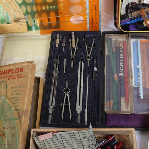 230 - Vintage drafting set, set square, pens, Simplon French curves stencils etc (boxful)