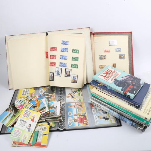 232 - Railway books, comical postcards, postage stamp albums etc