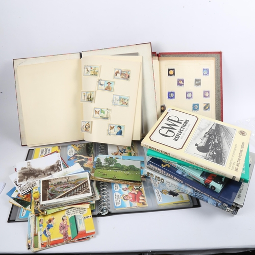 232 - Railway books, comical postcards, postage stamp albums etc