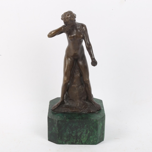 263 - After A Rodin, bronze sculpture, nude lady, signed, on green marble base, overall height 19cm