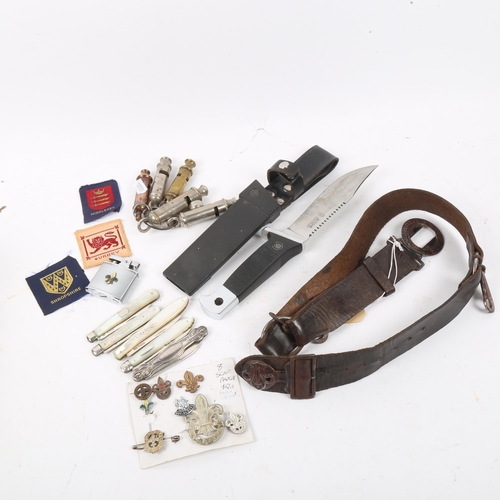 265 - Boy Scout's leather belt, Scout Master whistles, 4 silver-bladed mother-of-pearl fruit knives etc