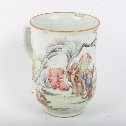 274 - A Chinese famille rose hand painted and enamelled porcelain 'nine sages' mug, height 11cm, restored