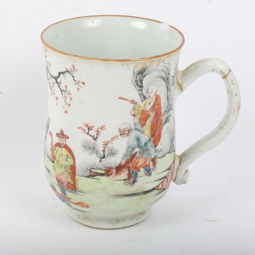 274 - A Chinese famille rose hand painted and enamelled porcelain 'nine sages' mug, height 11cm, restored