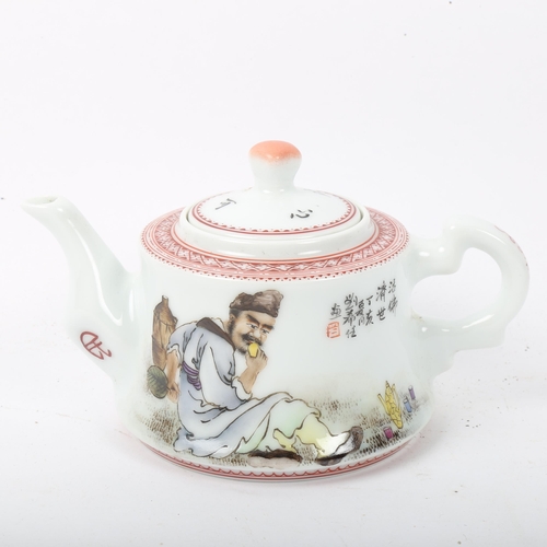 281 - A Chinese Republic style hand painted and enamelled porcelain teapot, figural decoration with charac... 