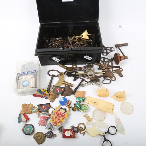 298 - Various collectables, including watch and clock keys, Chinese mother-of-pearl gaming counters etc (b... 