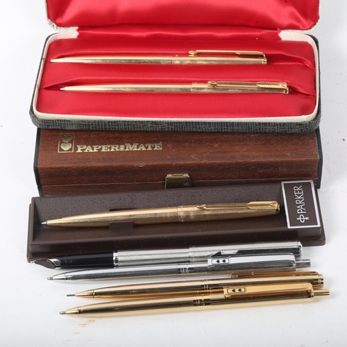 310 - Various pens, including Parker gold plated set, Paper Mate Powerpoint set etc