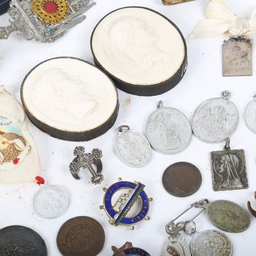 314 - Various religious medallions, 19th century plaster cameos, pen set etc (boxful)