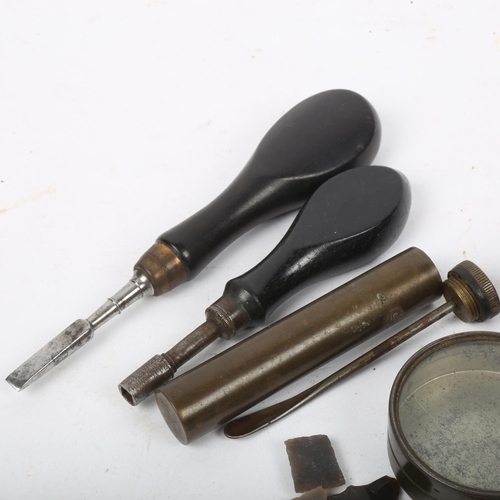 325 - Various Antique gun tools and collectables, including nipple wrench, flints, bullets, oil bottle etc... 