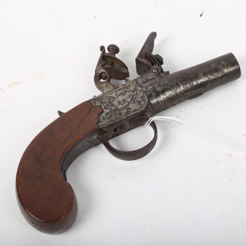 331 - A 19th century flintlock pocket pistol, by Jonathan Jones & Co of London, engraved steel lock with m... 