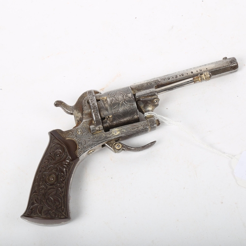 333 - A 19th century Belgian 6-shot pinfire revolver pocket pistol, with 8.5cm octagonal barrel, floral en... 