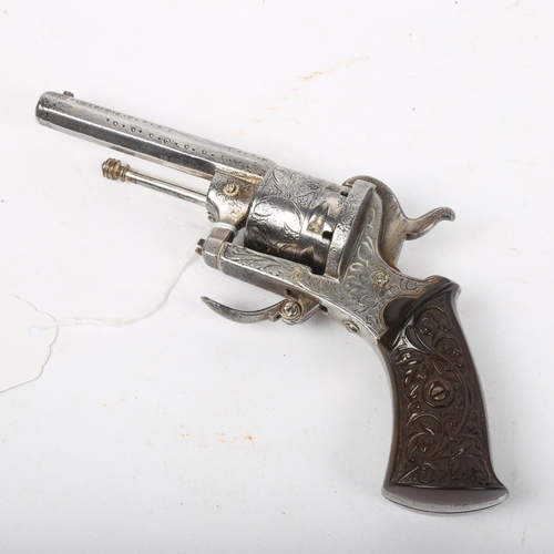 333 - A 19th century Belgian 6-shot pinfire revolver pocket pistol, with 8.5cm octagonal barrel, floral en... 