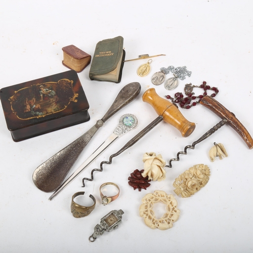 336 - Various collectables, including corkscrews, carved and pierced ivory brooches, lacquer papier mache ... 