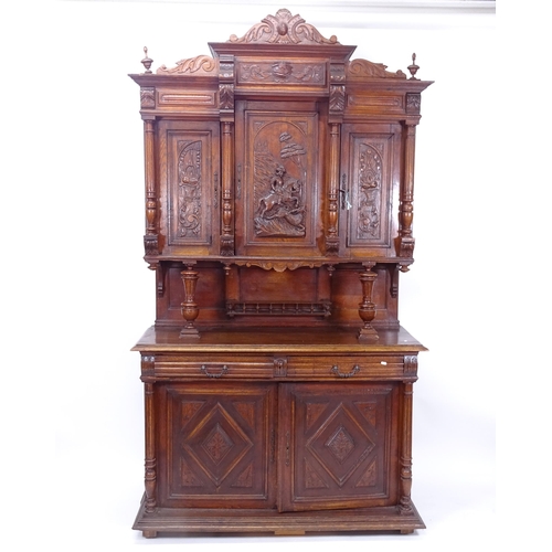 2007 - An Antique carved oak 2-section dresser, with 2 frieze drawers, and cupboards above and below, W140c... 