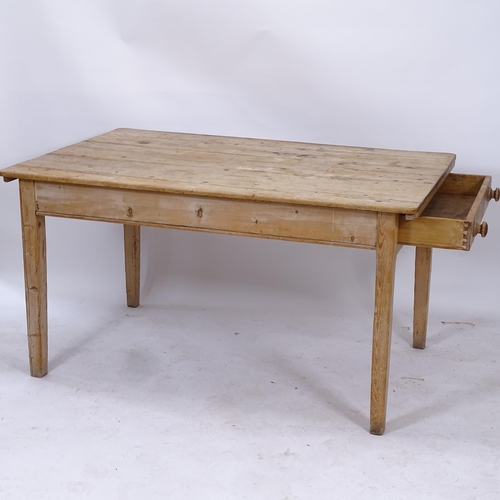 2015 - An Antique pine scrub top kitchen table, with end frieze drawer, W137cm, H75cm, D87cm