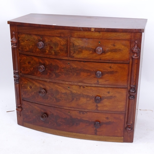 2029 - A 19th century mahogany bow-front 5-drawer chest (A/F), W108cm, H96cm, D52cm