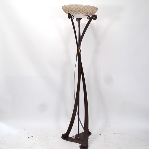 2031 - A designer bronze patinated metal standard lamp, with moulded frosted glass shade, shade diameter 46... 