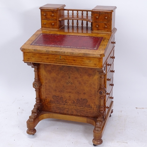 2041 - A reproduction burr-walnut Davenport, with raised drawer-fitted super structure, W62cm, H96cm, D57cm