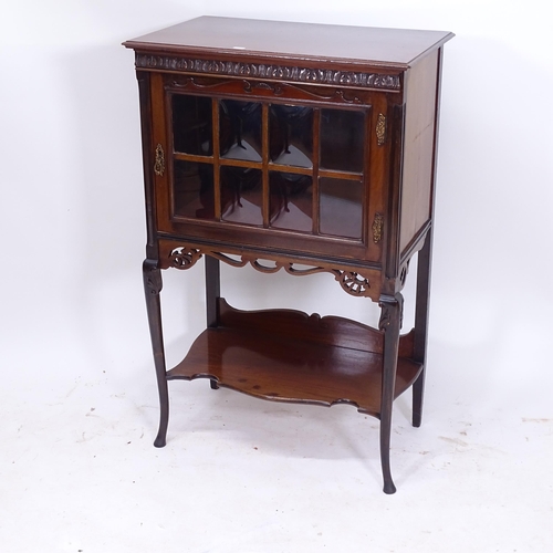 2066 - An Edwardian mahogany music cabinet, with lattice-glazed door and shelf under, on cabriole legs, W61... 