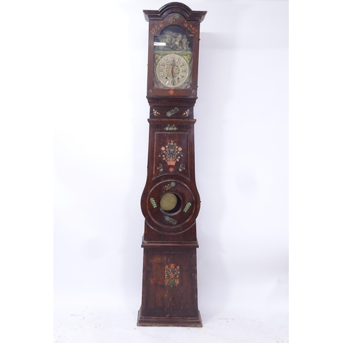 2077 - An Antique French comptoise clock, with a painted and embossed dial, stained pine-cased, H242cm, com... 