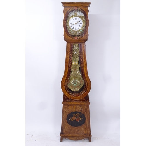 2079 - An Antique French 8-day comptoise clock, with enamelled dial, in painted pine case, H228cm