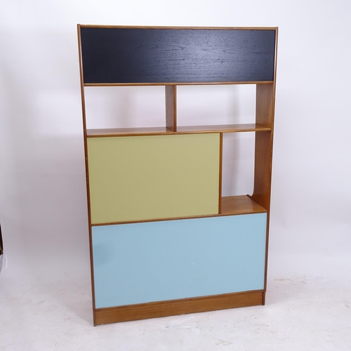 2108 - A mid-century wall unit/room divider with coloured panels, W107cm, H169cm, D35cm