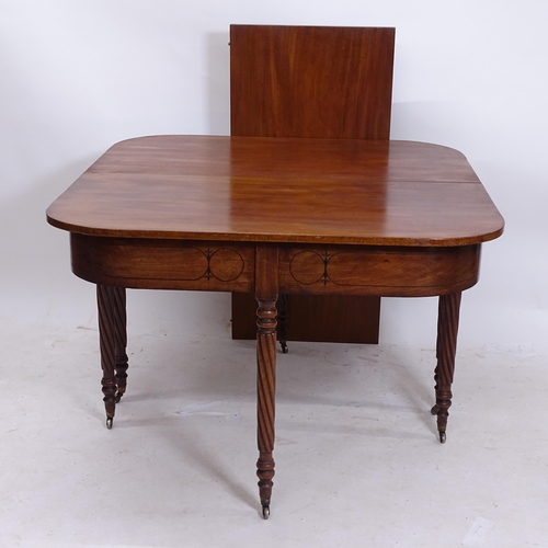 2113 - A Regency mahogany and ebony-strung D-end dining table, with single spare leaf, raised on spiral tur... 