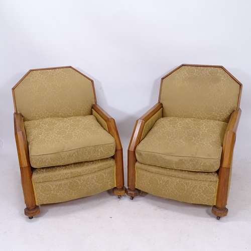 2128 - A 1930s French Art Deco geometric 3-piece suite, comprising of 2 armchairs and a 2-seater sofa, with... 