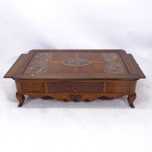 2136 - A banded cherrywood coffee table, with fitted drawers and inset marble panels, L140cm, H40cm, D90cm