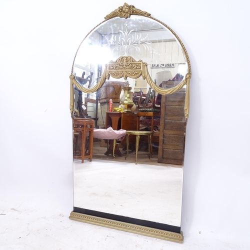 2264 - An arch-top bevel-edge wall mirror, with painted swag decoration, W62cm, H114cm