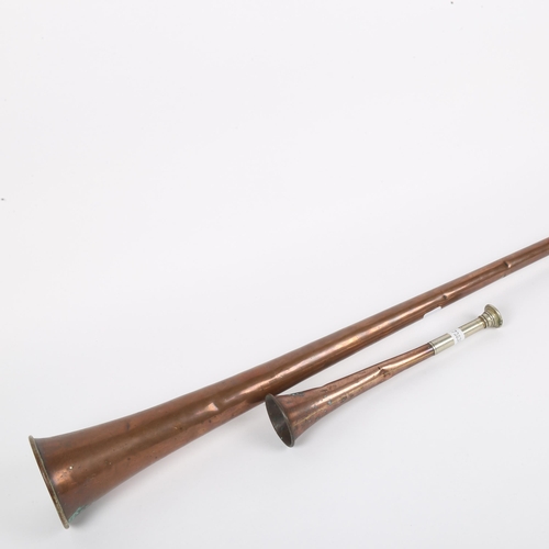 340 - A 19th century Kohler & Son copper and nickel hunting horn, and a similar copper and nickel coaching... 