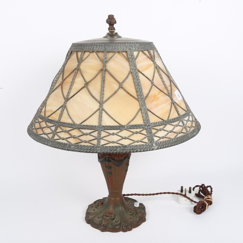 347 - A Tiffany style marbled leadlight glass and brass table lamp and shade, overall height 50cm