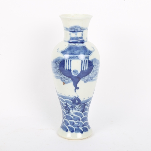 360 - A Chinese blue and white 'Temple' baluster vase, 4 character mark on base, height 29cm