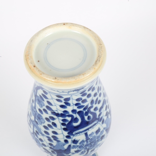 364 - A Chinese blue and white beaker vase, figural and floral decoration with jars, height 31cm