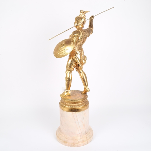 365 - A large gilded spelter figural sculpture, Hercules with spear and Pegasus shield, unsigned, on veine... 