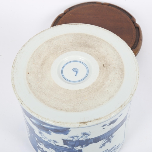 377 - A Chinese blue and white 'Five Boys' jardiniere, cylindrical form with hand painted decoration and l... 