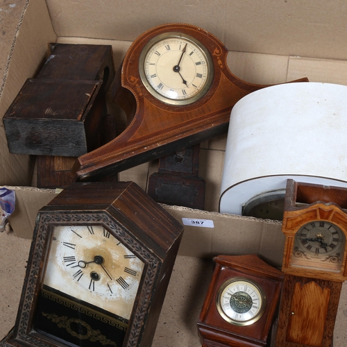 387 - A group of clocks, including miniature longcase, Enfield etc (boxful)