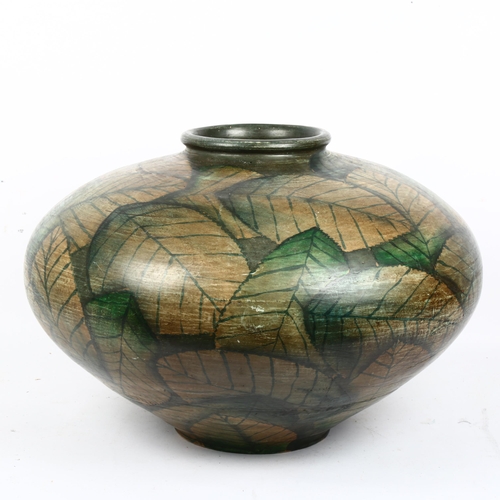 432 - A large painted terracotta leaf ovoid vase, height 32cm, diameter 50cm