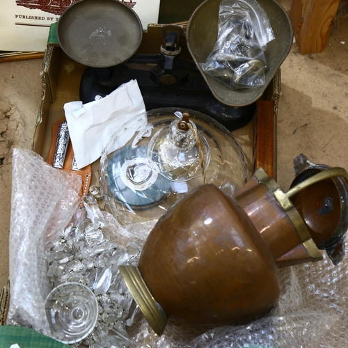 434 - Libra balance scales, glass ceiling light shade, copper and brass flagon etc (boxful)