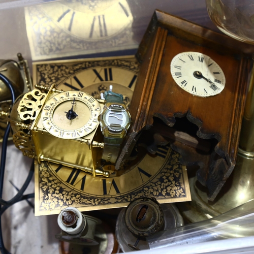 566 - Oil lamps, specimen wood mantel clock etc (boxful)