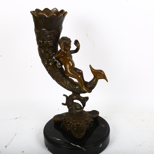 586 - A Vintage bronzed plaster putti cornucopia sculpture, on veined black marble base, overall height 39... 