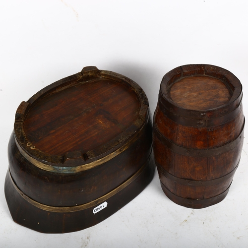 587 - A small coopered oak jardiniere, and a small coopered oak Whisky barrel, length 20cm (2)