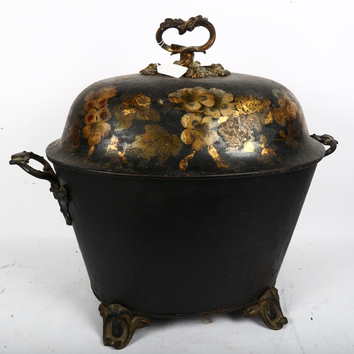 592 - A large 19th century hand painted and gilded Toleware coal bucket and cover, height 50cm