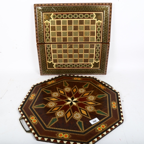 598 - Moorish folding games box, and similar 2-handled tea tray (2)