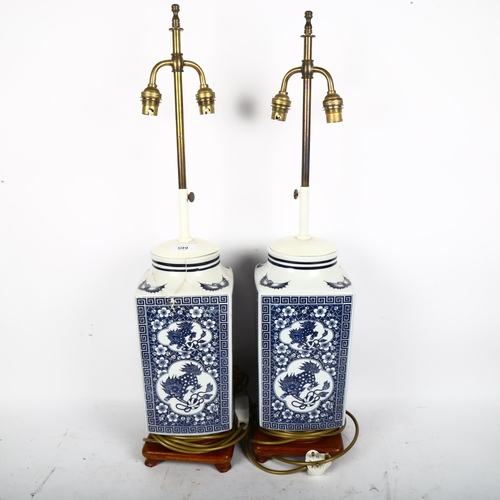 599 - A pair of modern Chinese blue and white Kylin square-section table lamps, overall height 74cm (1 A/F... 