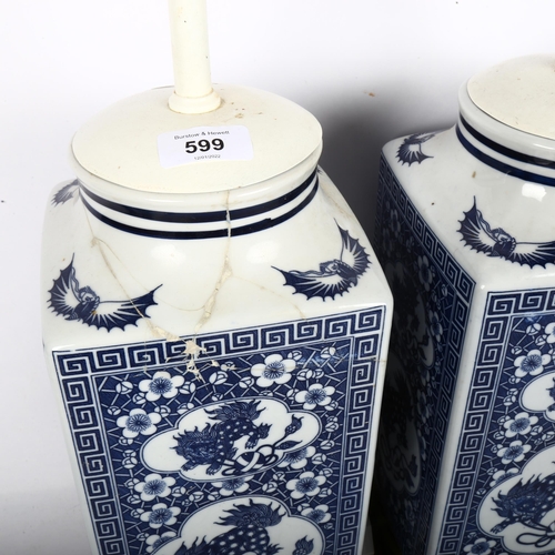 599 - A pair of modern Chinese blue and white Kylin square-section table lamps, overall height 74cm (1 A/F... 