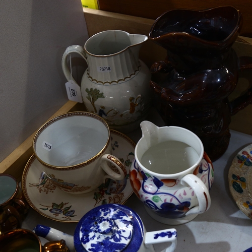 602 - Various ceramics, including an 18th century sparrow beak hunting jug, large treacle glaze Toby jug e... 