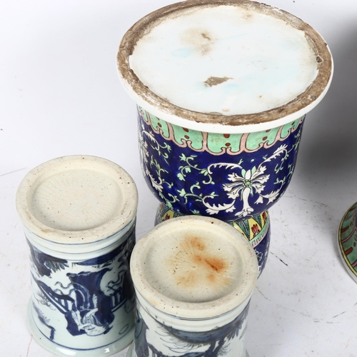 607 - A pair of Chinese blue and white pottery cylinder vases, and a pair of Chinese blue ground vases, he... 