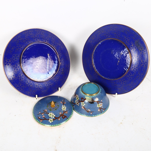 608 - A pair of Japanese cloisonne enamel bird plates, and a similar bowl and cover (3)