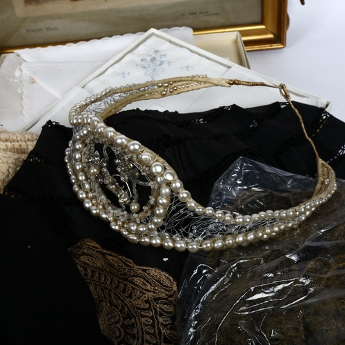 615 - Various collectables, including wedding photographs, opera glasses, lace, evening bags etc (boxful)