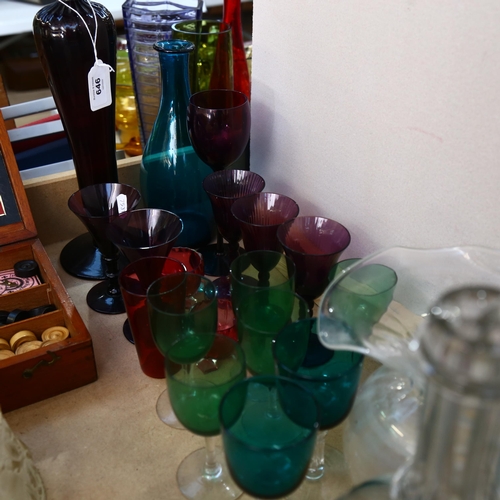 646 - Amethyst glass vase, 33.5cm, cranberry, amethyst and green glassware etc